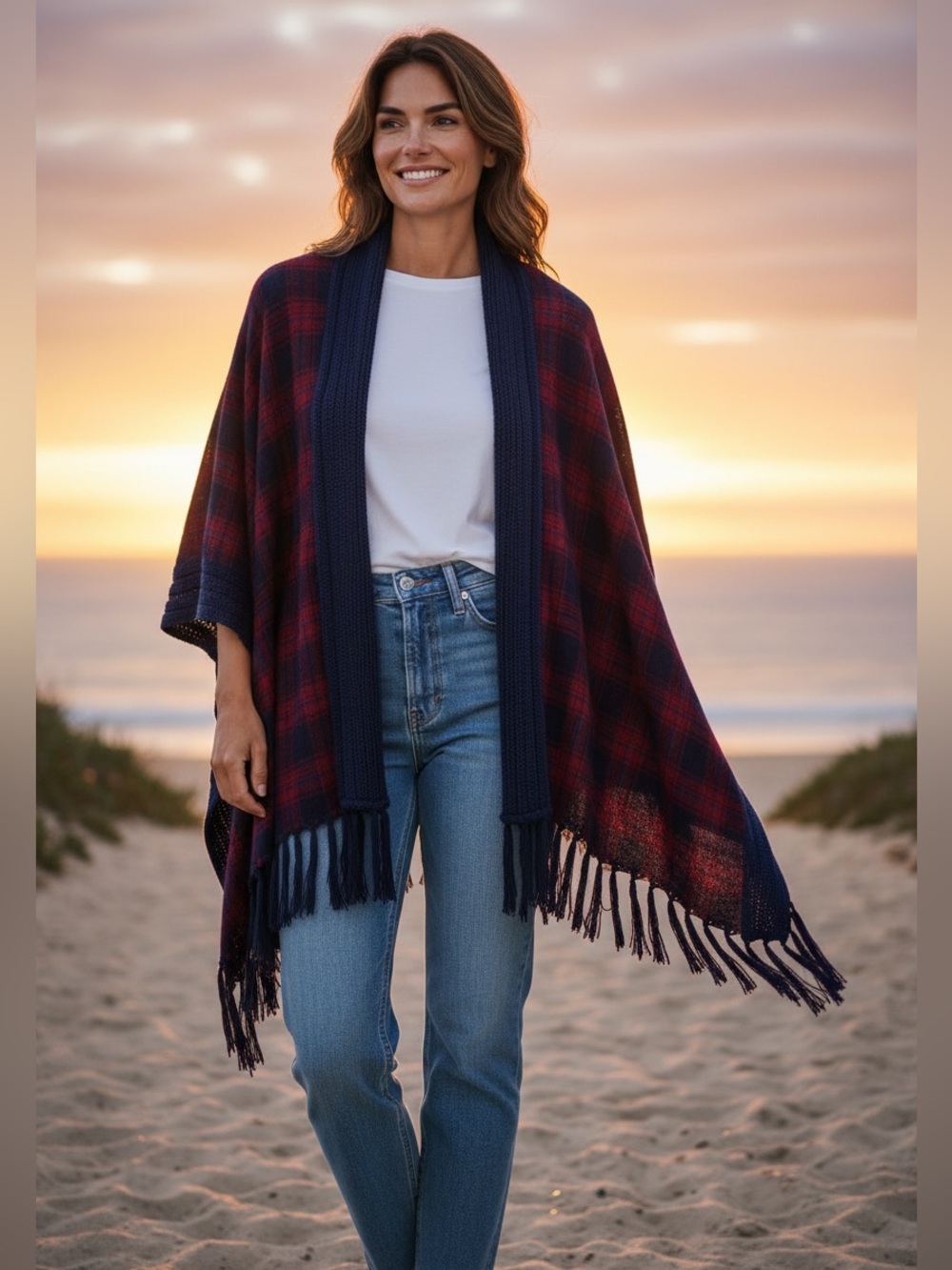 Umgee Navy and Red Plaid Open Front Fringe Poncho Cardigan